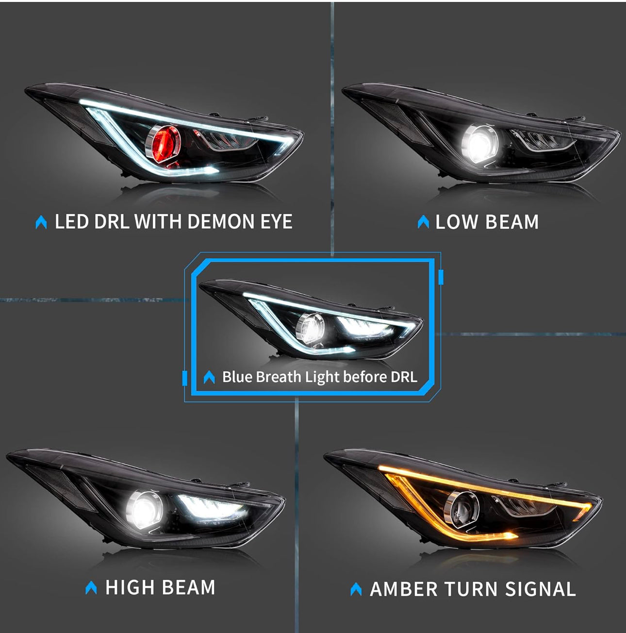 2012 to 2015 Hyundai Elantra Coupe Not for Hybrid Demon Eyes Headlights Faros Focos Luces Micas