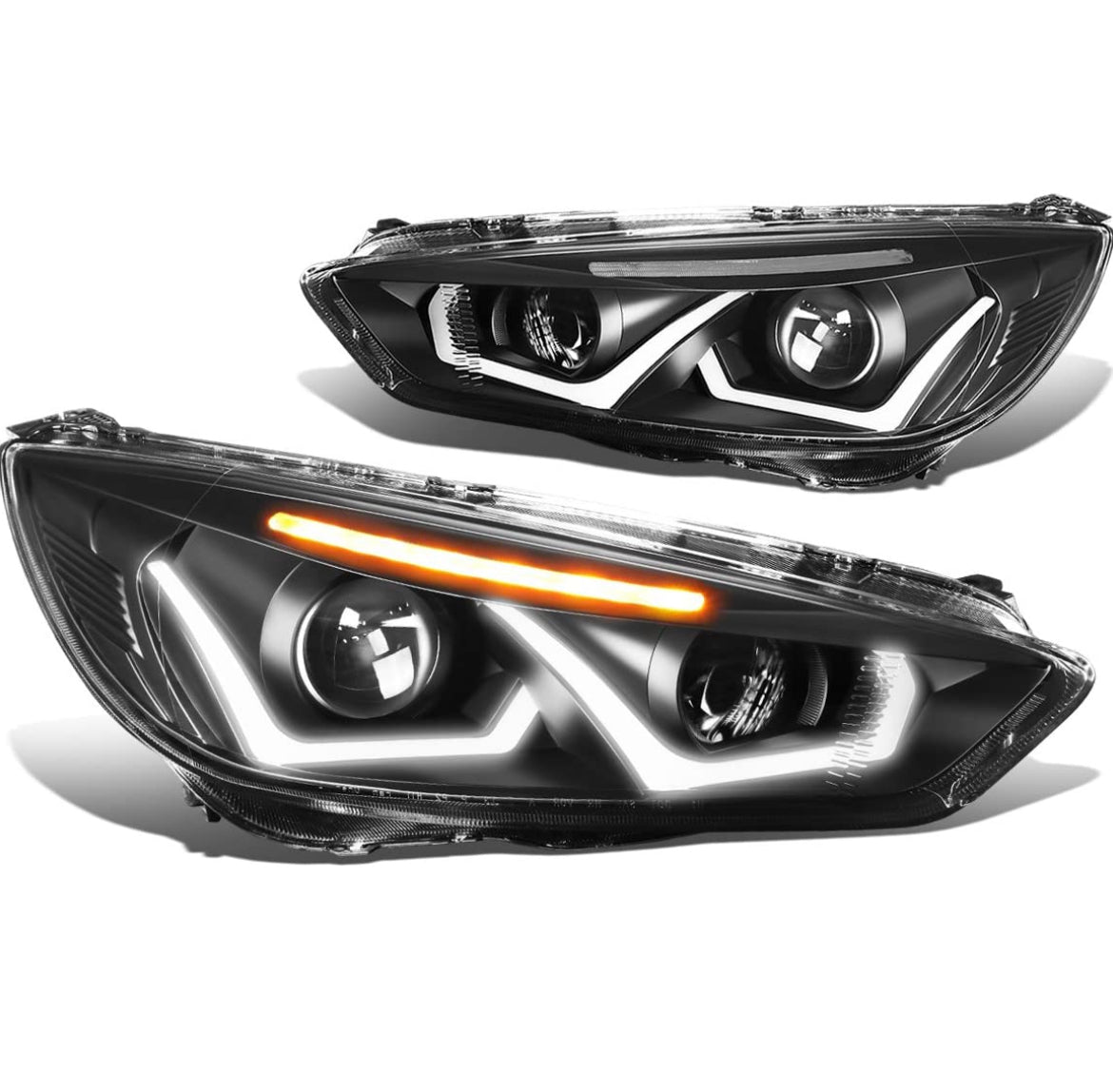 DNA MOTORING HL-HPL-LED-FF16-BK-CL1 Black Projector Headlights With Dual U-Halo DRL Replacement For 2015 to 2018 Focus