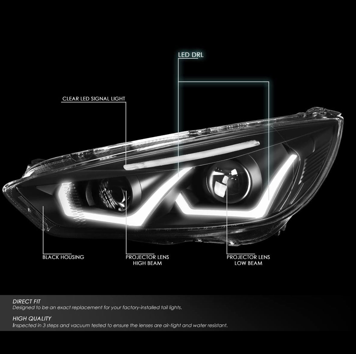 DNA MOTORING HL-HPL-LED-FF16-BK-CL1 Black Projector Headlights With Dual U-Halo DRL Replacement For 2015 to 2018 Focus