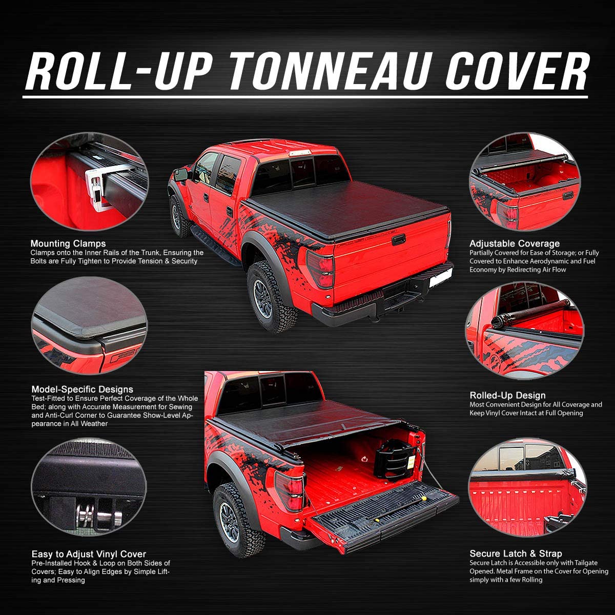 Truck Bed Soft Vinyl Roll-Up Tonneau Cover Compatible with Dodge Ram 5.7Ft Fleet-side Short Bed , Black 2009 2010 2011 2012 2013 2014 2015 2016 2017 2018