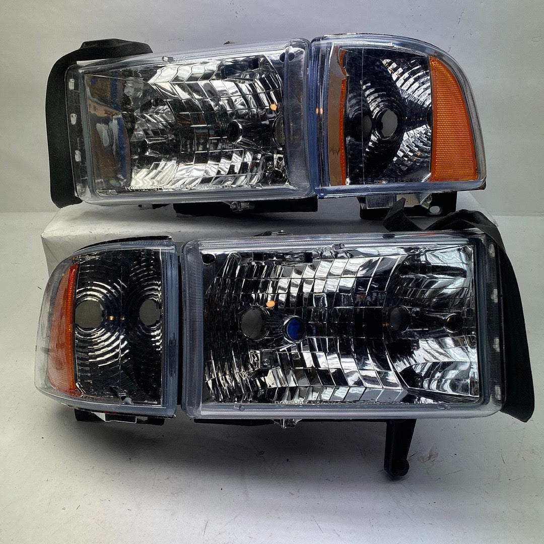 Dodge Ram 1500 2500 3500 Chrome Housing Amber Reflector Headlights Faros Focos Luces Micas 1994 1995 1996 1997 1998 1999 2000 2001