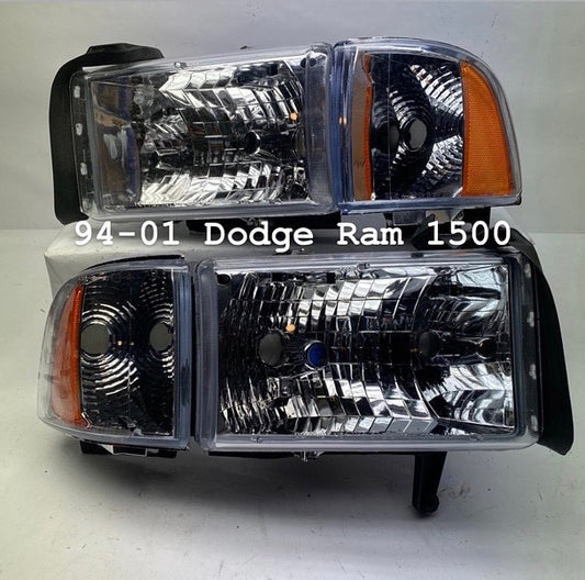 Dodge Ram 1500 2500 3500 Chrome Housing Amber Reflector Headlights Faros Focos Luces Micas 1994 1995 1996 1997 1998 1999 2000 2001