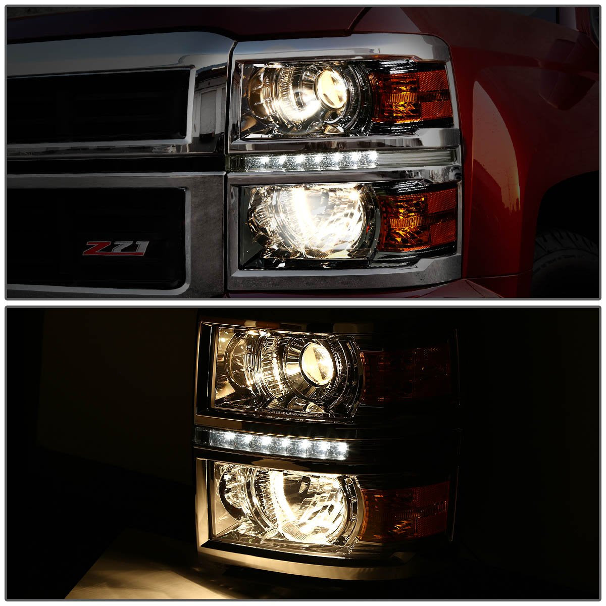 Chevy Silverado 1500 smoked lenses amber reflector led strip projector headlamps headlights faros focos luces micas 2014 to 2015