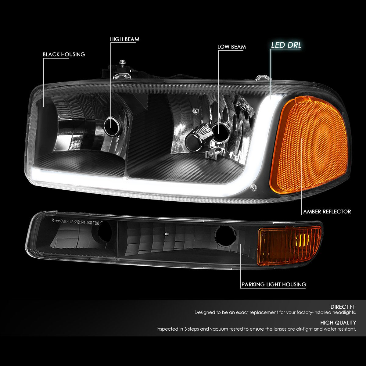 GMC Sierra Yukon Black Housing Amber Reflector LED DRL headlights headlamps Faros focos luces micas 1999 2000 2001 2002 2003 2004 2005 2006