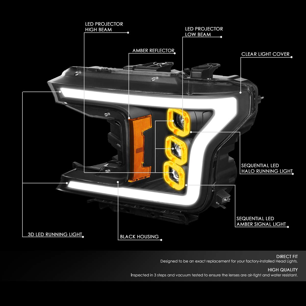 DNA MOTORING HL-LB-T8-F15018-BK-AM Pair Auto Update LED Effect DRL Quad Projector Headlight Compatible with 18-20 F150, Black Housing / Amber Corner