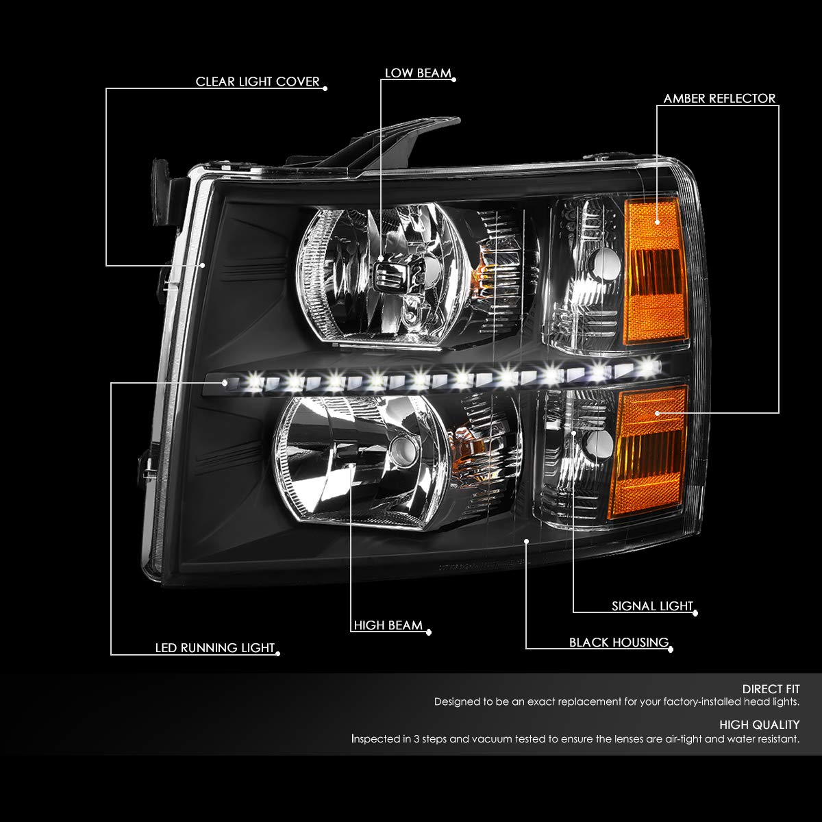 Chevy Silverado 1500 2500 3500 and HD Models LED Strip Black Housing Amber Reflector Headlamps Headlights Faros Focos Luces Micas 2007 2008 2009 2010 2011 2012 2013 2014