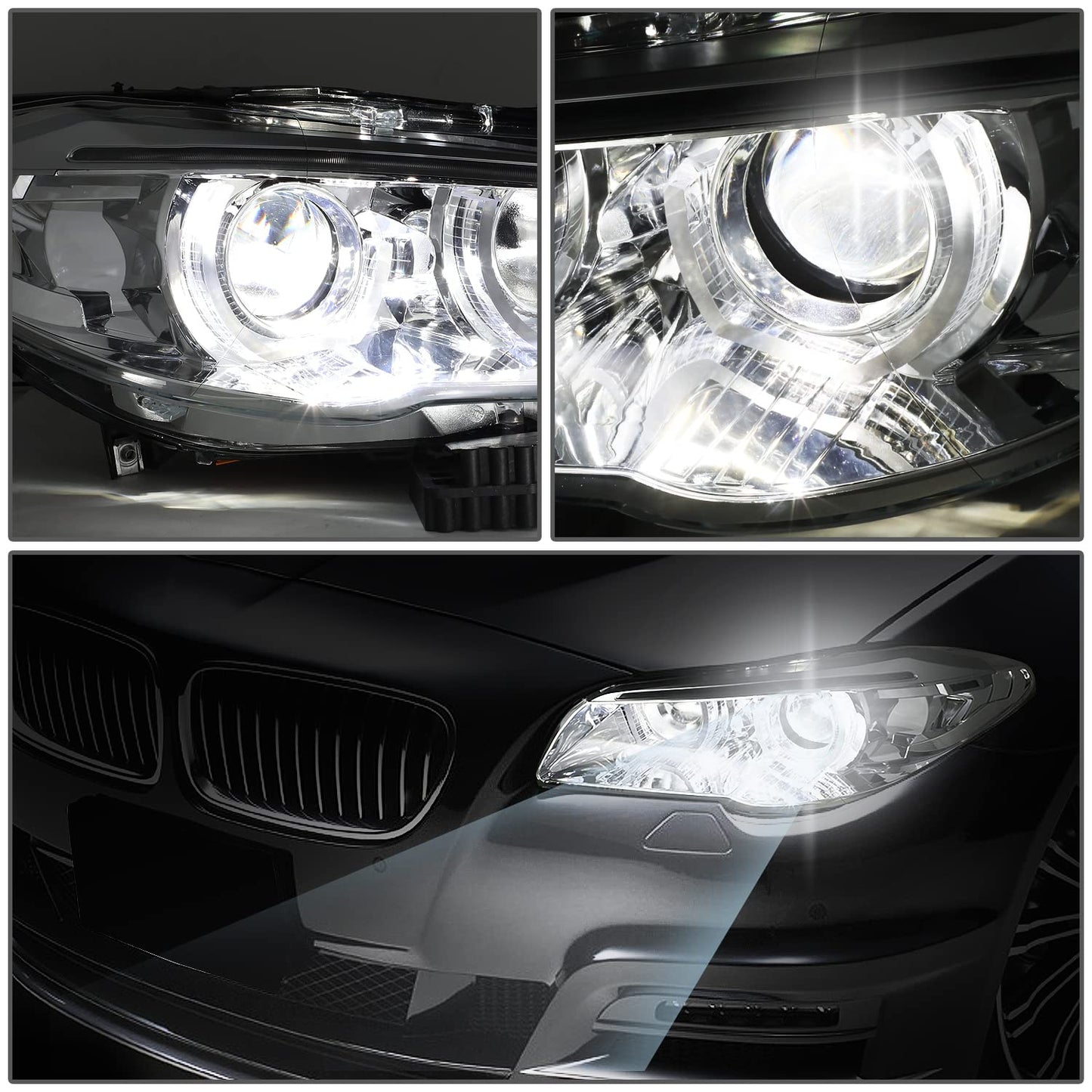 DNA Motoring HL-3D-HID-F1010-CH Pair of LED 3D Dual U-Halo Chrome Housing Projector Headlights + Amber LED Side Marker Compatible with BMW 528I 528i xDrive 535I 535I xDrive 550I 550i xDrive 11-13