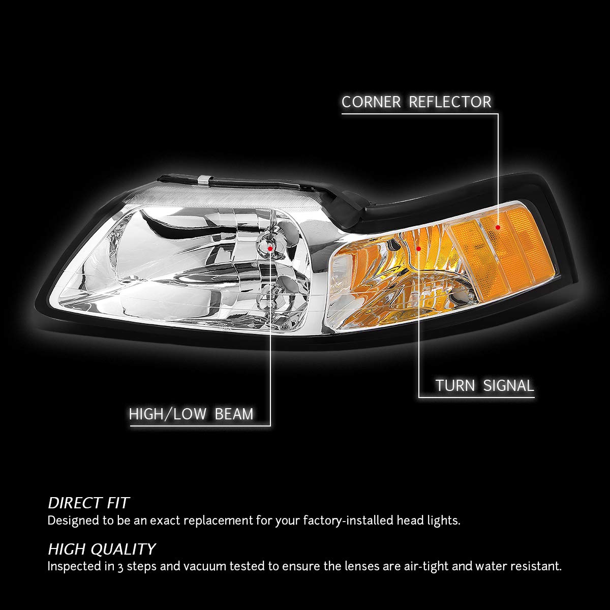 Ford Mustang Chrome Housing Amber Reflector Oem Style Headlamps Headlights Faros Focos Luces Micas 1999 2000 2001 2002 2003 2004