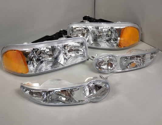 GMC Sierra 1500 Yukon Denali Chrome housing amber reflector Headlights faros focos luces micas fits Denali models only 2001 2002 2003 2004 2005 2006