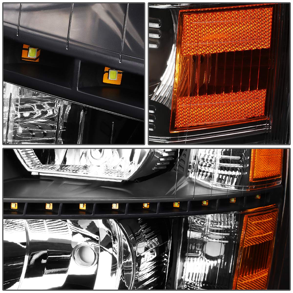 Chevy Silverado 1500 2500 3500 and HD Models LED Strip Black Housing Amber Reflector Headlamps Headlights Faros Focos Luces Micas 2007 2008 2009 2010 2011 2012 2013 2014