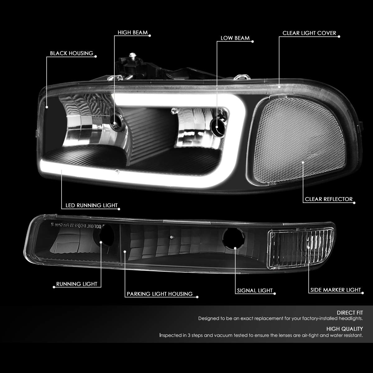 GMC Sierra Yukon black housing Clear Reflector LED DRL C Style Bar headlights faros focos luces micas 1999 2000 2001 2002 2003 2004 2005 2006 2007