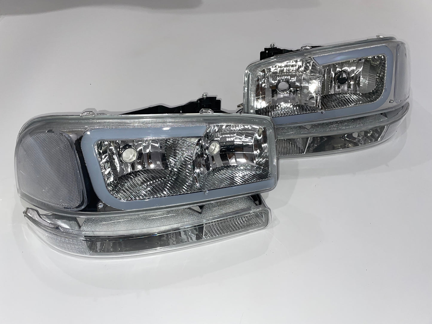 GMC Sierra Yukon chrome housing C style led drl headlights faros focos luces micas 1999 2000 2001 2002 2003 2004 2005 2006 2007