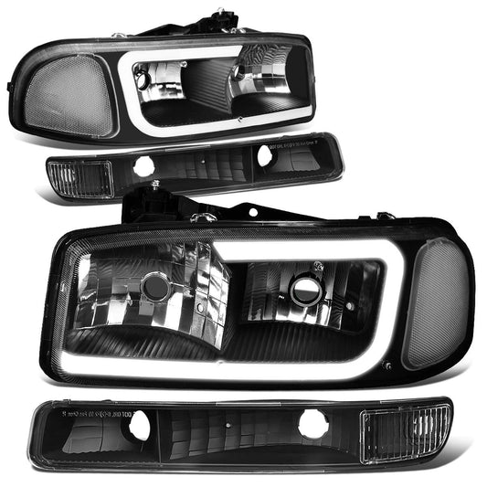 GMC Sierra Yukon black housing Clear Reflector LED DRL C Style Bar headlights faros focos luces micas 1999 2000 2001 2002 2003 2004 2005 2006 2007