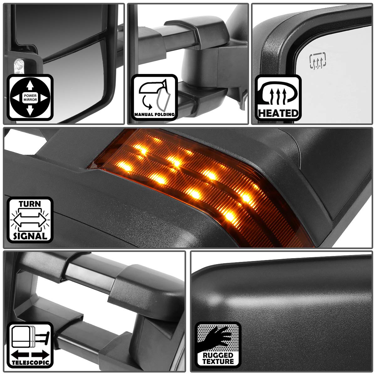 Chevy Silverado GMC Sierra 1500 2500 3500 Black Cover Amber Reflector led reverse lights powered heated Tow Mirrors Espejos de remolque retrovisores 1999 2000 2001 2002