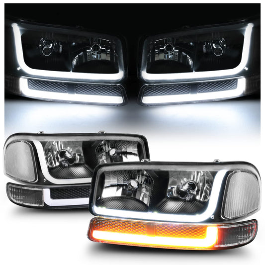 GMC Sierra Yukon Switchback LED Tube DRL Black Housing Headlights Headlamps Assembly faros Focos Luces Micas Compatible with 1999 2000 2001 2002 2003 2004 2005 2006