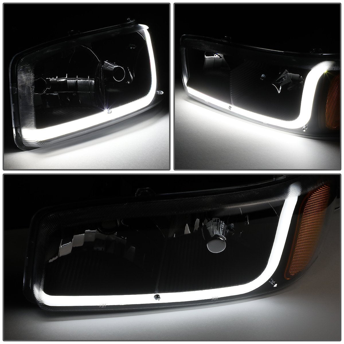 GMC Sierra Yukon Denali Style LED DRL Black Housing Amber Reflector Headlights Headlamps Faros focos luces micas 2000 2001 2002 2003 2004 2005 2006