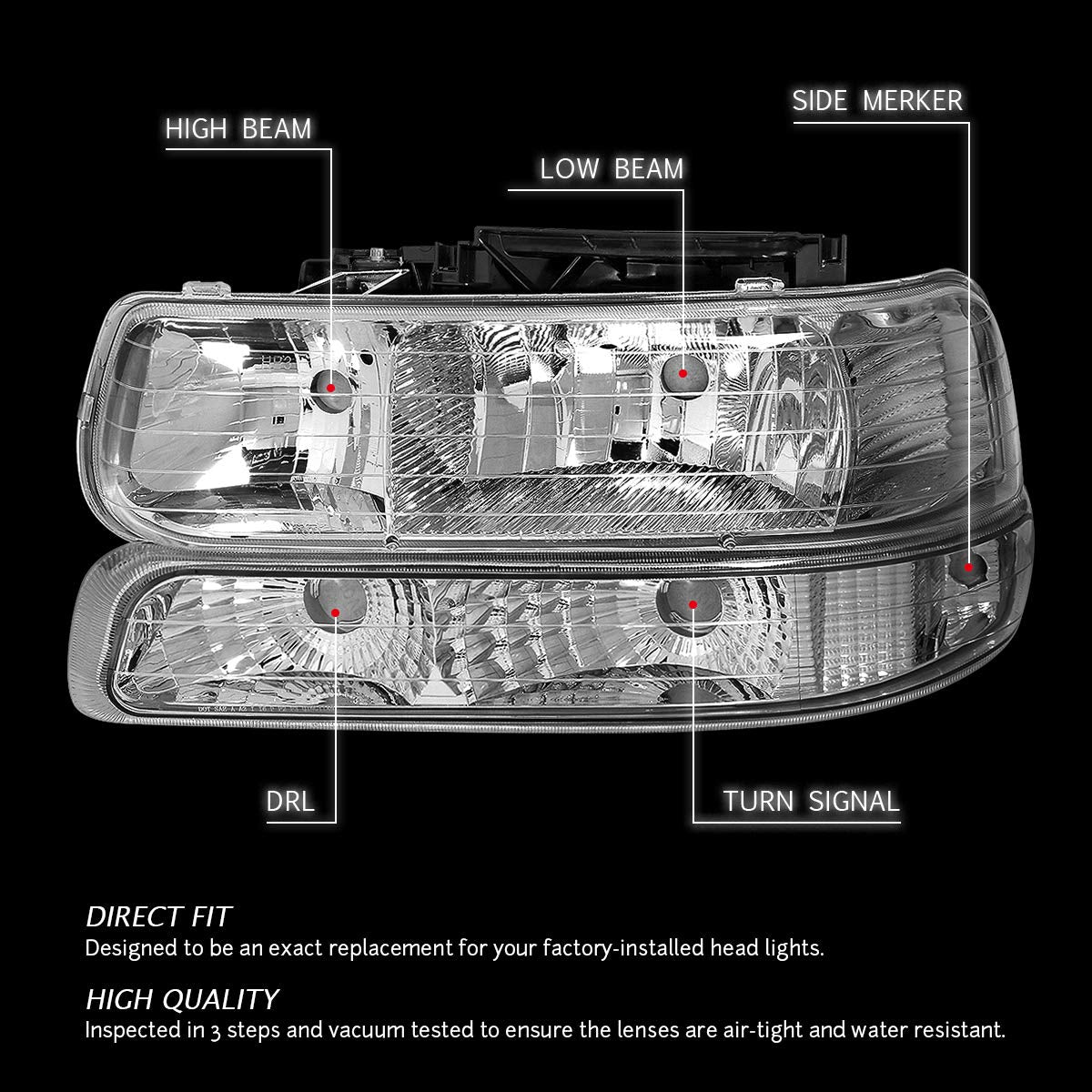 Chevy Silverado Tahoe Suburban Chrome housing Clear Reflector Headlamps Headlights Faros Focos Luces Micas 1999 2000 2001 2002 2003 2004 2005 2006