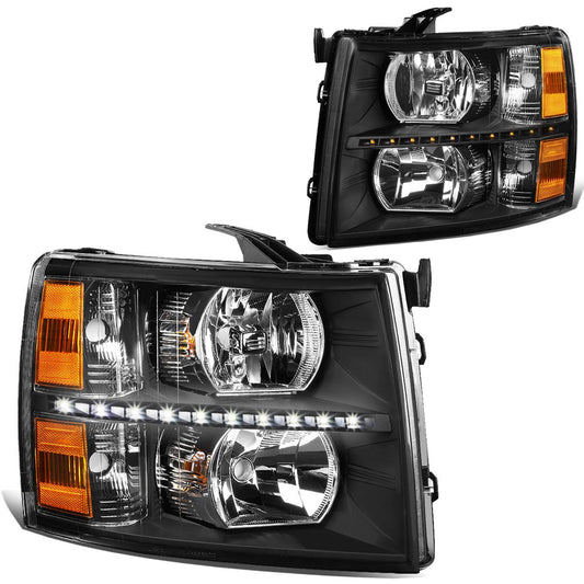 Chevy Silverado 1500 2500 3500 and HD Models LED Strip Black Housing Amber Reflector Headlamps Headlights Faros Focos Luces Micas 2007 2008 2009 2010 2011 2012 2013 2014