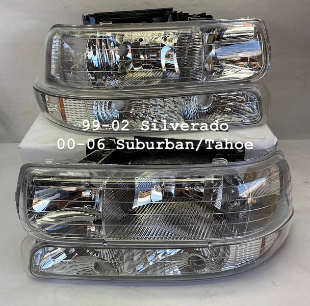 Chevy Silverado Tahoe Suburban Chrome Housing Amber Reflector Headlights Faros Focos Luces delanteras 1999 2000 2001 2002 2003 2004 2005 2006