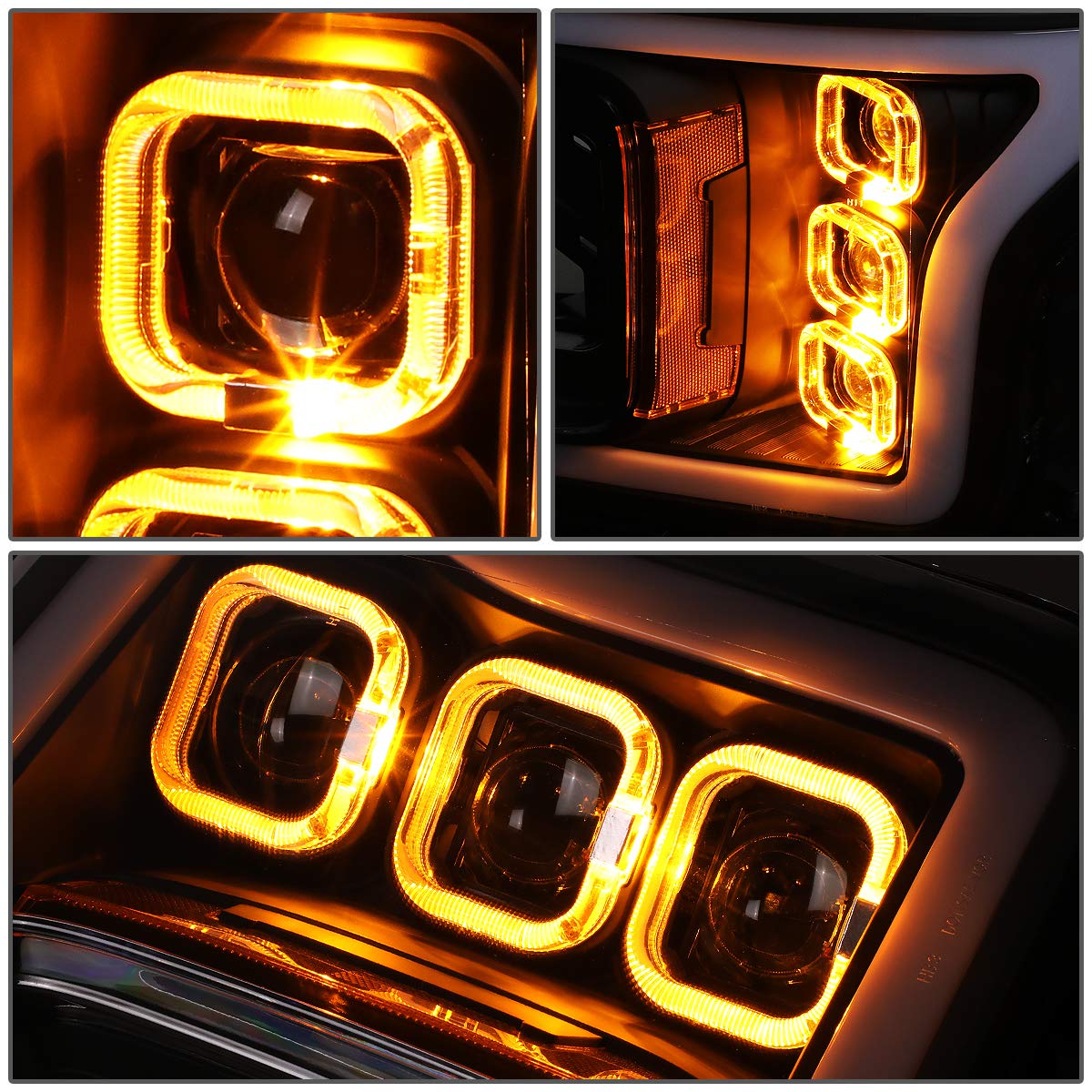 DNA MOTORING HL-LB-T8-F15018-BK-AM Pair Auto Update LED Effect DRL Quad Projector Headlight Compatible with 18-20 F150, Black Housing / Amber Corner