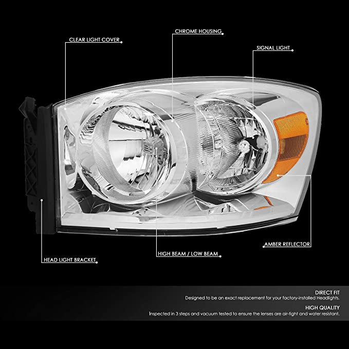 Dodge Ram OEM Style Chrome Housing Amber Reflector Headlights Faros Focos Luces Micas For 2006 2007 2008