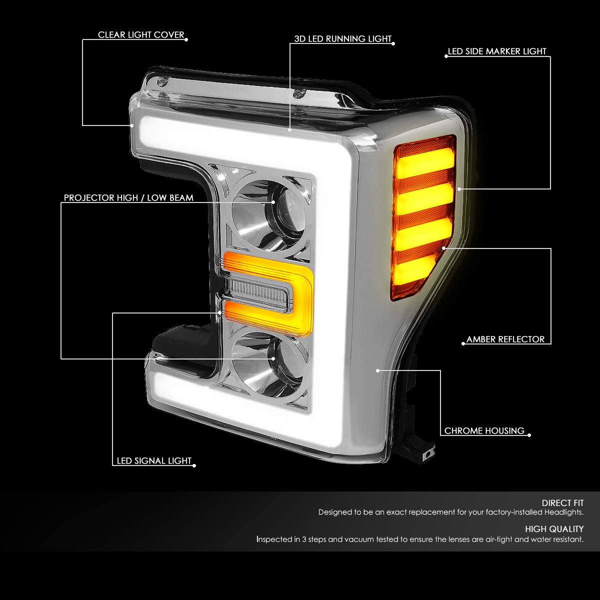 Chrome Dual Projector Headlights With LED DRL Replacement For F-250 F-350 F-450 F-550 SD