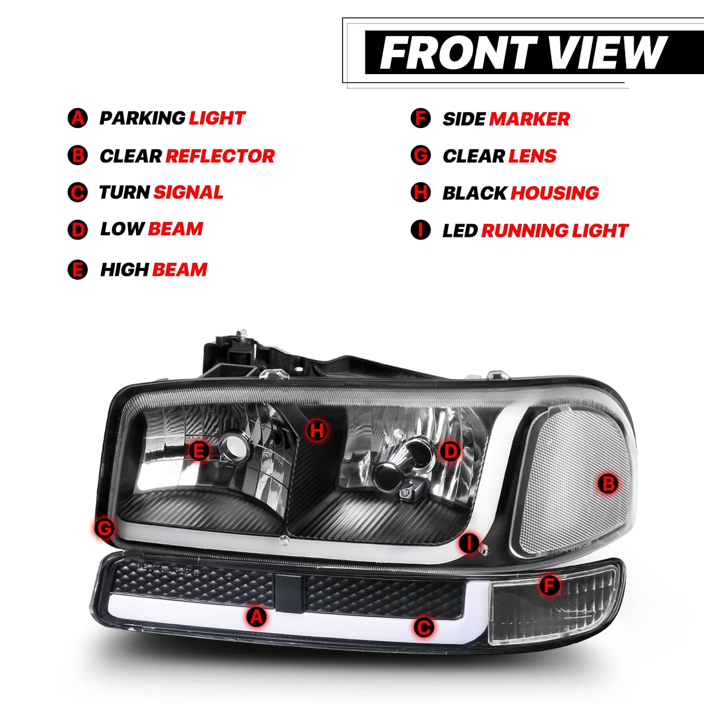 GMC Sierra Yukon Switchback LED Tube DRL Black Housing Headlights Headlamps Assembly faros Focos Luces Micas Compatible with 1999 2000 2001 2002 2003 2004 2005 2006