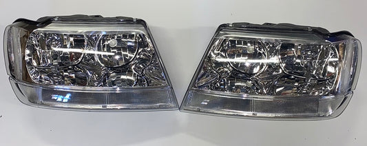 99-04 Jeep Grand Cherokee chrome housing Clear Reflector headlights faros focos luces micas 1999 2000 2001 2002 2003 2004