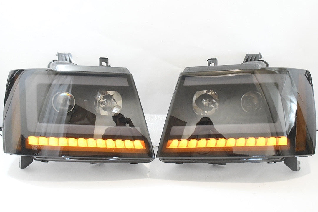 Chevy Tahoe Suburban Avalanche black Smoked amber Projector DRL LED Blinker headlights faros focos luces 2007 2009 2010 2011 2012 2013 2014