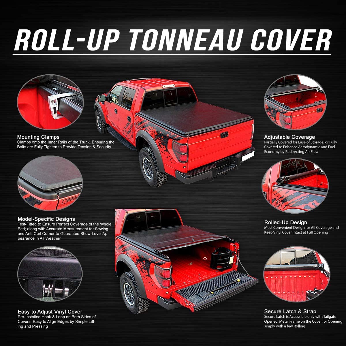 Soft Vinyl Roll Up Tonneau Cover Compatible with F-150 5.5Ft Fleetside Bed Cubierta enrollable de vinilo suave compatible con cama 5.5 pies 2004 2005 2006 2007 2008 2009 2010 2011 2012 2013 2014