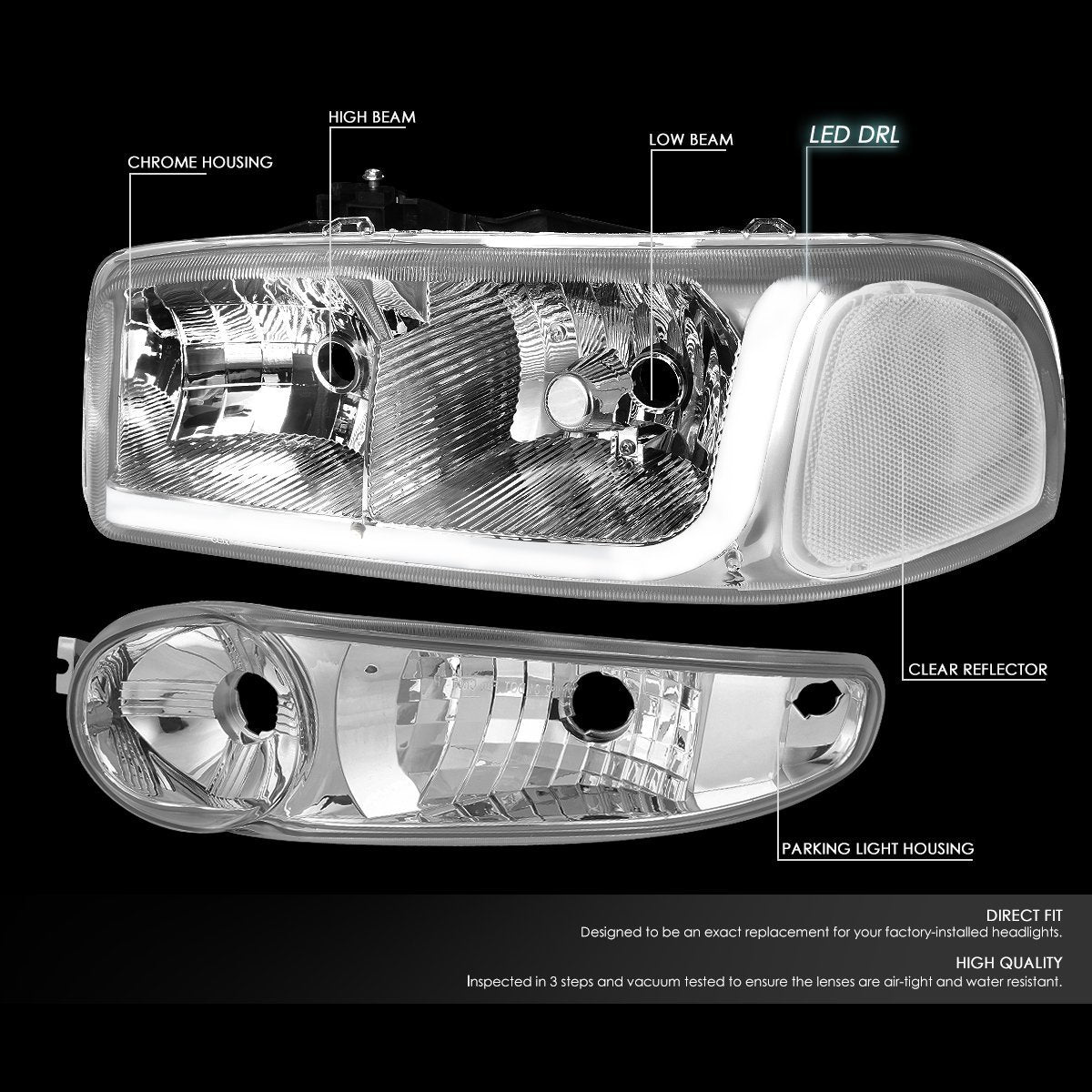 GMC Sierra 1500 Yukon Denali Style Only Chrome housing LED DRL  Headlamps Headlights faros focos luces 2000 2001 2002 2003 2004 2005 2006 2007