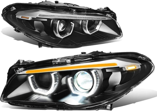 BMW 525i 528I 528i xDriveLED 3D Dual U-Halo Black Housing Amber LED Side Marker Projector Headlight faros focos luces 2011 2012 2013