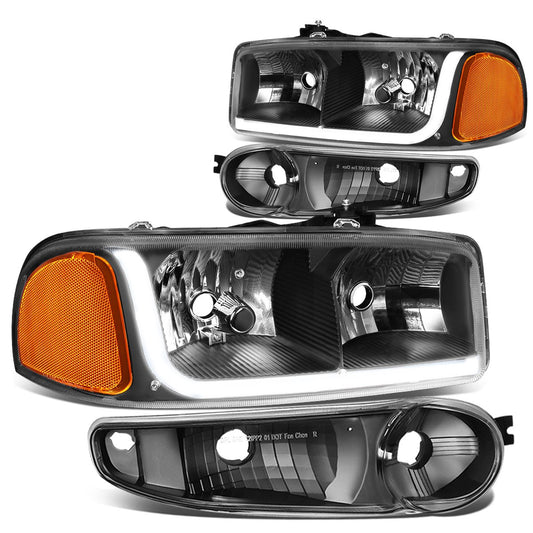 GMC Sierra Yukon Denali Style LED DRL Black Housing Amber Reflector Headlights Headlamps Faros focos luces micas 2000 2001 2002 2003 2004 2005 2006