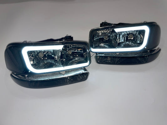 GMC Sierra Yukon smoked housing LED DRL C style headlights faros focos luces micas 1999 2000 2001 2002 2003 2004 2005 2006 2007