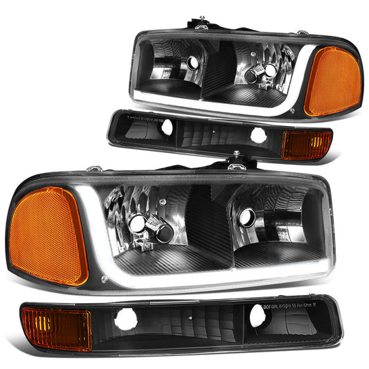 GMC Sierra Yukon Black Housing Amber Reflector LED DRL headlights headlamps Faros focos luces micas 1999 2000 2001 2002 2003 2004 2005 2006