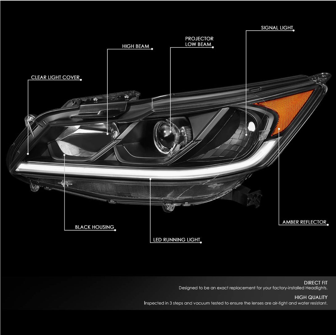 Honda Accord 4 door sedan Black Housing Amber Reflector LED DRL Headlamps Headlights Faros focos luces Micas 2016 and 2017