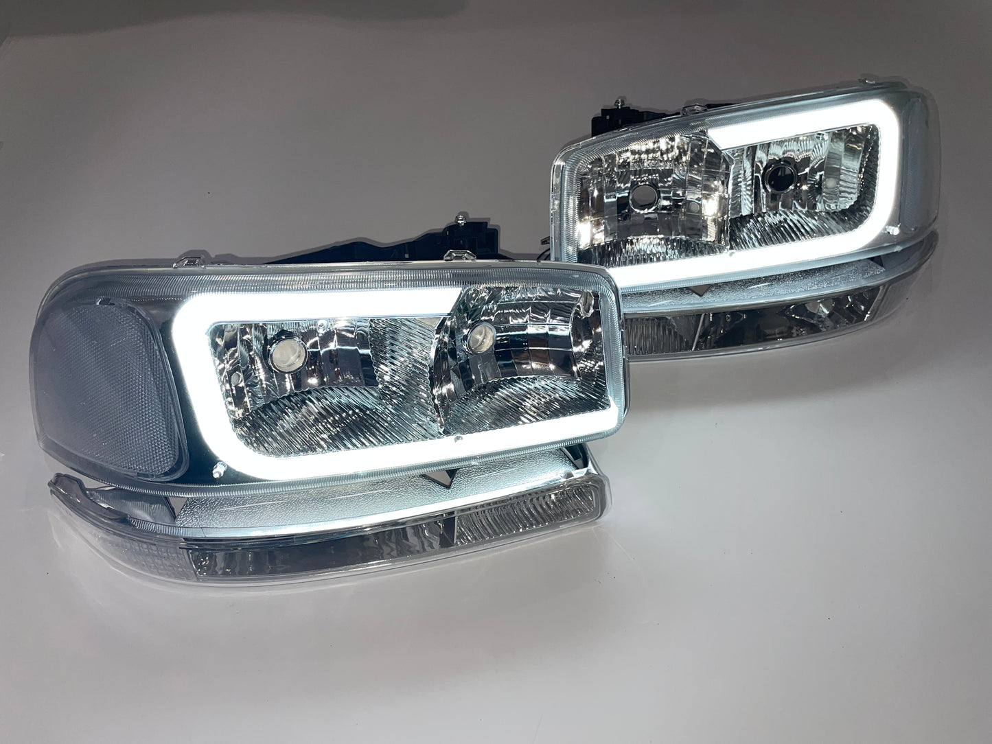 GMC Sierra Yukon chrome housing C style led drl headlights faros focos luces micas 1999 2000 2001 2002 2003 2004 2005 2006 2007