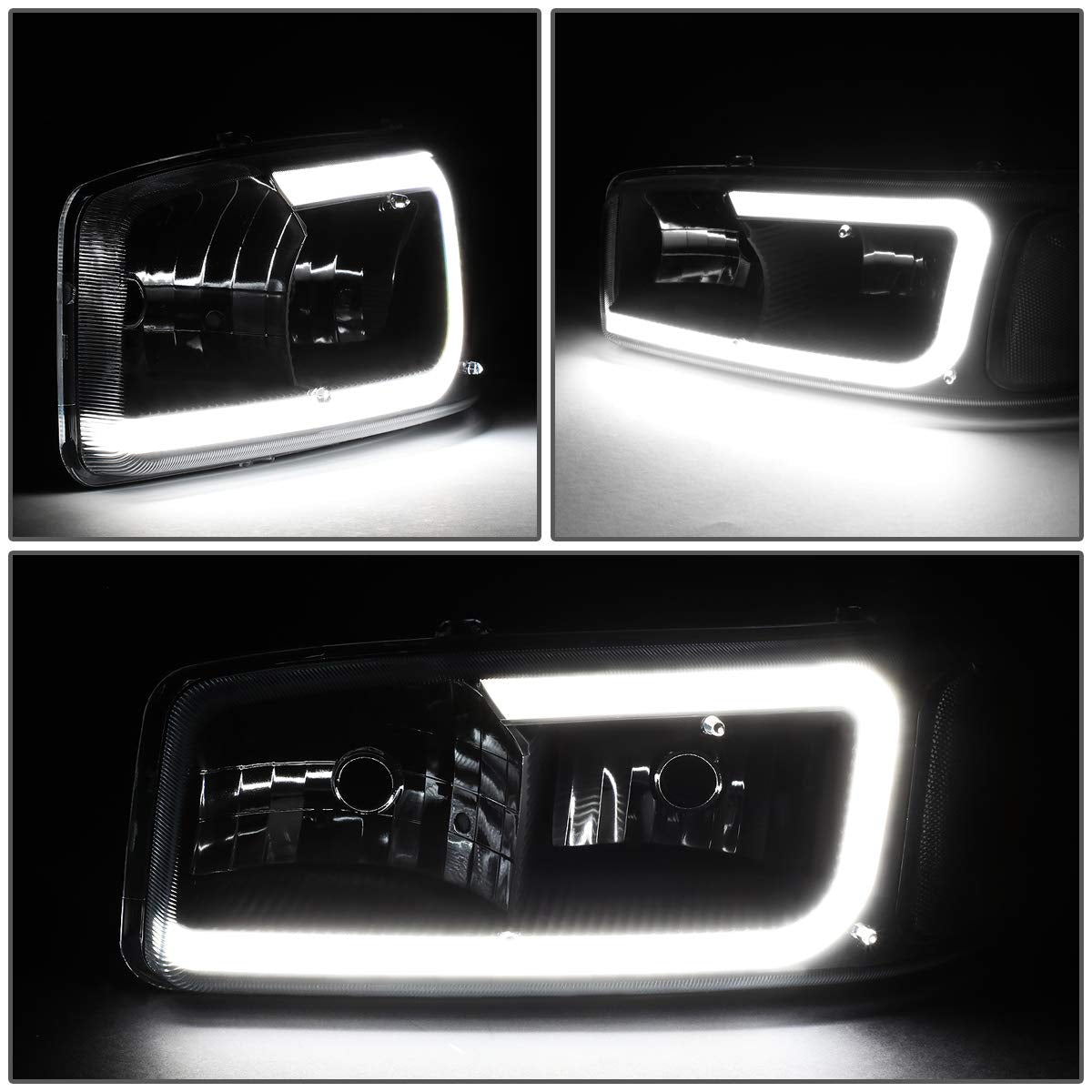 GMC Sierra Yukon black housing Clear Reflector LED DRL C Style Bar headlights faros focos luces micas 1999 2000 2001 2002 2003 2004 2005 2006 2007