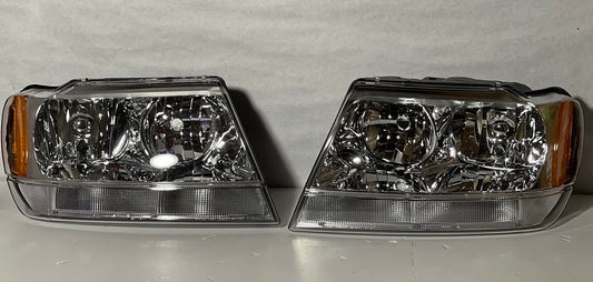 99-04 Jeep Grand Cherokee chrome housing amber reflector oem style headlights faros focos luces micas 1999 2000 2001 2002 2003 2004