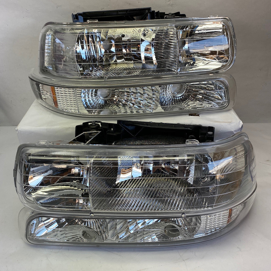 Chevy Silverado Tahoe Suburban Chrome Housing Amber Reflector Headlights Faros Focos Luces delanteras 1999 2000 2001 2002 2003 2004 2005 2006