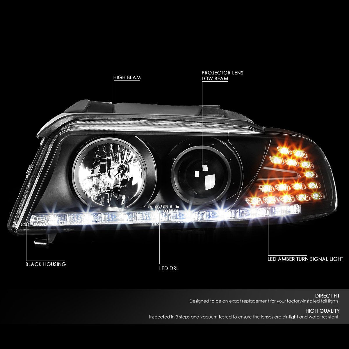 Black Amber Signal Projector Headlights With LED DRL Compatible with 1999 to 2001 A4 & Quattro Models