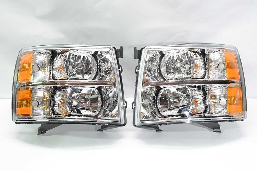 Chevy Silverado oem style chrome housing amber reflector headlights faros focos luces 2007 2008 2009 2010 2011 2012 2013