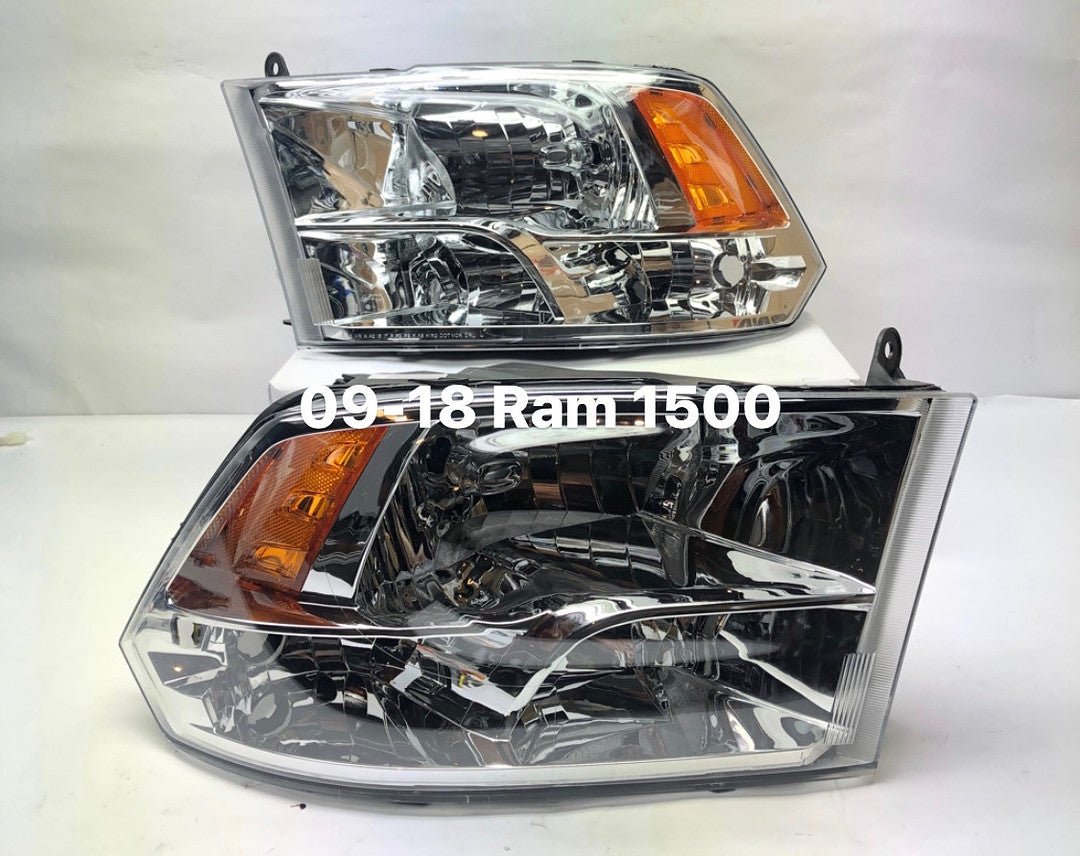 Dodge Ram 1500 2500 3500 Chrome housing amber Reflector Oem Style Headlights Headlamps 2009 2010 2011 2012 2013 2014 2015 2016 2017 2018