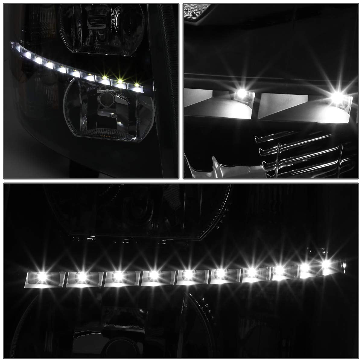 Chevy Silverado 1500 2500 3500 and HD Models LED Strip Black Housing Amber Reflector Headlamps Headlights Faros Focos Luces Micas 2007 2008 2009 2010 2011 2012 2013 2014