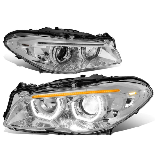 DNA Motoring HL-3D-HID-F1010-CH Pair of LED 3D Dual U-Halo Chrome Housing Projector Headlights + Amber LED Side Marker Compatible with BMW 528I 528i xDrive 535I 535I xDrive 550I 550i xDrive 11-13